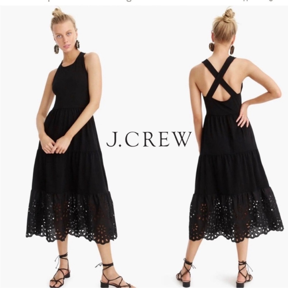 J. Crew Black Tiered Eyelet-Trim Midi Dress